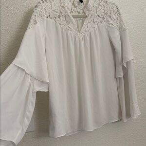 BCBGMaxAzria White Lace Yoke Chiffon Blouse